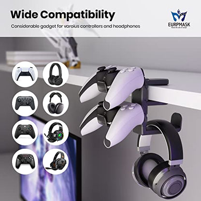 3-in-1 Headset&Controller Holder - EURPMASK Upgraded PC Gaming Headset Stand, Adjustable Clamp-on Headphone Holder,Headphone Controller Hook Under Desk w/ 360 Degree Swivel&Cable Clip Organizer-Black - color: Black Pro