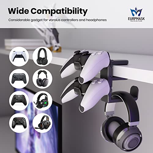 3-in-1 Headset&Controller Holder - EURPMASK Upgraded PC Gaming Headset Stand, Adjustable Clamp-on Headphone Holder,Headphone Controller Hook Under Desk w/ 360 Degree Swivel&Cable Clip Organizer-Black - color: Black Pro