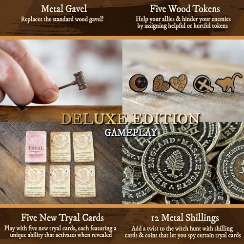 Facade Games Salem 1692 Deluxe Edition, Witch Hunt for 4-12 Players | Ages 14 and Up, Social Deduction Game, Deluxe Upgrades: Metal Gavel, Wood Tokens & Shillings - style: Deluxe Salem 1692