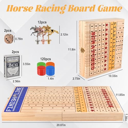 Horse Race Board Game, Foldable Wood Race Board, Race Horse Game | 21 In Horse Race Board with 11 Metal Horses 2 Dice 2 Decks of Cards and 120 Chips for Friends Adults Family Party Game Night