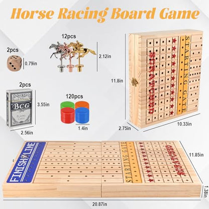 Horse Race Board Game, Foldable Wood Race Board, Race Horse Game | 21 In Horse Race Board with 11 Metal Horses 2 Dice 2 Decks of Cards and 120 Chips for Friends Adults Family Party Game Night