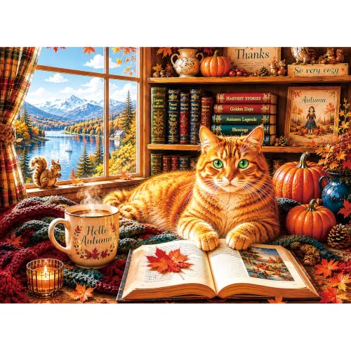 300 Piece Jigsaw Puzzle for Kids & Adults – Cozy Cat Reading Room Scene with Open Book, Vintage Library, Autumn Window View & Warm Home Decor, Family Puzzle Gift for Boys Girls Ages 8+, 20.5 x 15 in - color: Cozy Cat