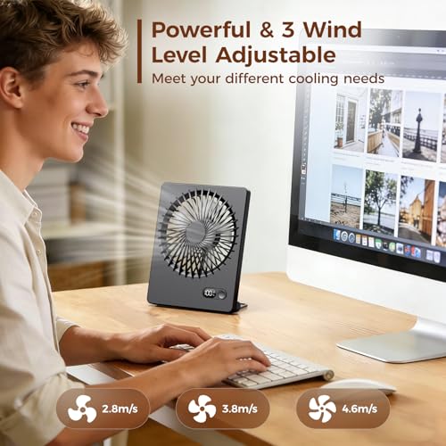 Zuvas Desk Fan Small Rechargeable Battery Table Fans for travel Ultra Quiet | 180° Tilt Folding, LED Dislay, Portable Fan Slim Design, 3 Speed Adjustable, for Office Bedroom Desktop, Cruise Essentials - color: Black