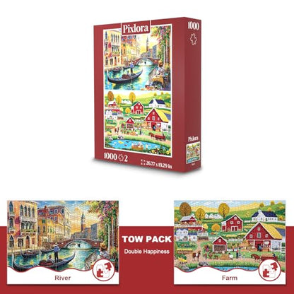 1000 Piece Puzzle for Adults, 2 Pack River and Farm Landscape Puzzles, City and Countryside Theme, Challenging Jigsaw Puzzles for Family Game Night, Ideal for Decor - style: River&Farm