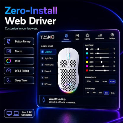 TMKB Falcon M1 Wireless Gaming Mouse, 24000DPI Optical Sensor, 180Hrs Battery, Lightweight, 6 Programmable Buttons, RGB Strip, 2.4G/BT5.2/USB-C Wired for PC/Mac/Laptop - Matte White