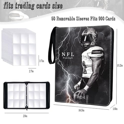 Football Card Binder 900 Pockets, Trading Card Binder 9 Pocket with 50 Removable Sleeves Fits 900 Sport Cards, 3 Ring Card Holder Binder with Zipper, Collector Storage Album - size: 900 Pockets Football