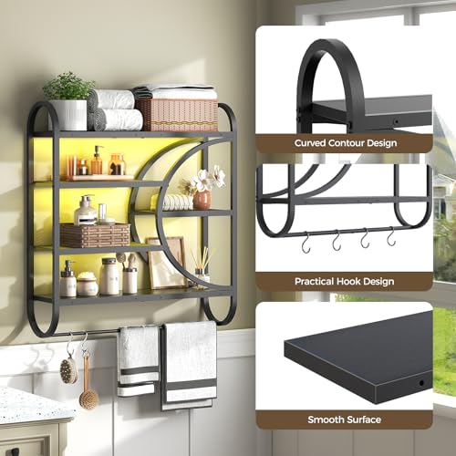 HOOBRO Gaming Floating Shelves with LED Lights, 28.9" LED Wall Mounted Shelf, 5-Tier Display Rack for Wall Storage, Floating Rack with Hanging Rod and 4 S-Hooks, for Game Room, Black BB50DBJ01 - color: Black