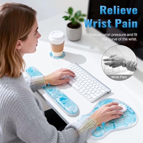 Ospelelf Mouse Pad with Wrist Rest Set Gel Ergonomic Keyboard Wrist Support Anti-Slip Rubber Bottom Office Women Desk Accessories for Computer, Laptop and Gaming, Ice Blue - color: Ice Blue, style: Keyboard Rest + Mouse Rest + Coaster