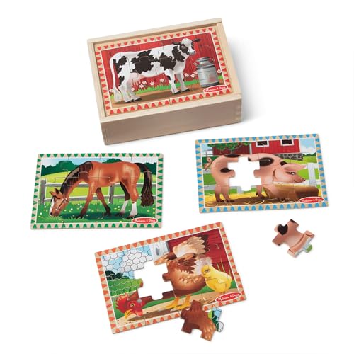 Melissa & Doug 4‑in‑1 Wooden Farm Jigsaw Puzzle Set, 48 Pieces with Storage Box, Toddler Puzzle Toy for Kids Ages 3+ - style: Farm Animals