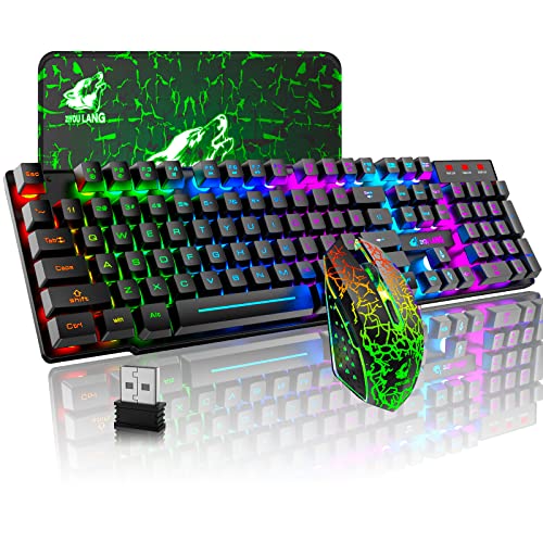 Rechargeable Wireless Gaming Keyboard and Mouse Combo with Mouse Pad, Black | 4,000mAh Battery, Up to 75H, Rainbow Backlight, 29-Key Anti-Ghosting, Mechanical Feel, 2,400 DPI, 6 Buttons, USB Receiver