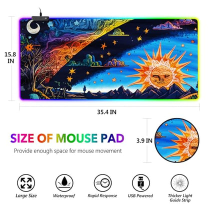 AIMSA Large Gaming Mouse Pad RGB, Keyboard Led Mousepad Extended 35.4 x 15.8 inch Non-Slip Rubber Base with 14 Lighting Modes Desk Mat, Abstract Sun - color: Abstract Sun