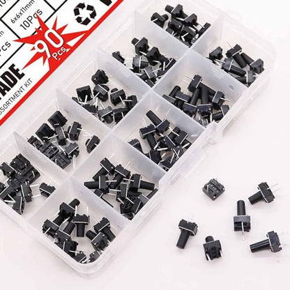 TWTADE 90PCS Micro Momentary Tactile Push Button Switch 6 x 6 x 4.3/5/6/7/8/9/10/11/12mm 2 Pin Tact Switch Assortment Kit - color: Black-2 Pin 6x6mm Series