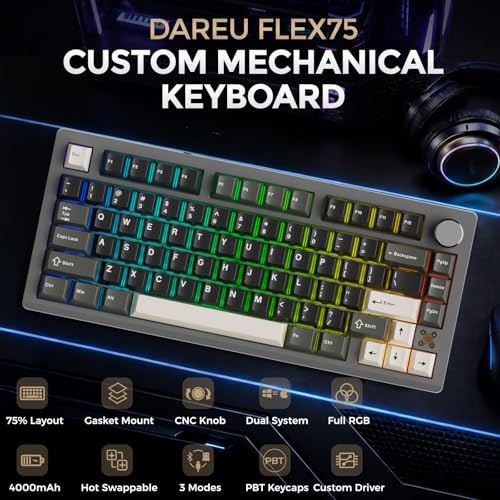 DAREU FLEX75 Gasket Wireless Mechanical Keyboard with Knob | Tri-mode,Hot Swap,75% Custom Gaming Keyboard with PBT Keycaps,RGB Backlit for Mac/Win - color: Black&Grey