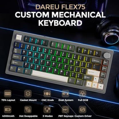 DAREU FLEX75 Gasket Wireless Mechanical Keyboard with Knob | Tri-mode,Hot Swap,75% Custom Gaming Keyboard with PBT Keycaps,RGB Backlit for Mac/Win - color: Black&Grey