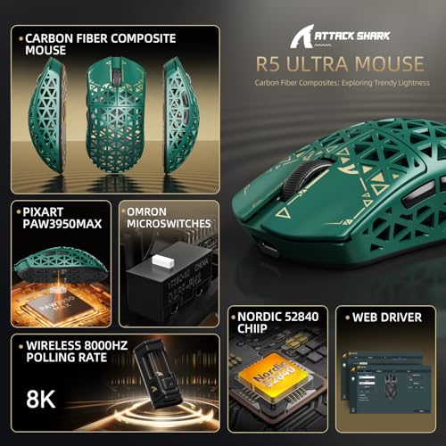 ATTACK SHARK R5Ultra 8K Carbon Fiber Wireless Gaming Mouse, Green | 42K DPI,PAW3950 MAX Sensor,39g Ultra-Lightweight,Nordic 52840 MCU Chip,Wired/BT/2.4GHz Wireless Programmable Mouse for PC/Mac - color: Green