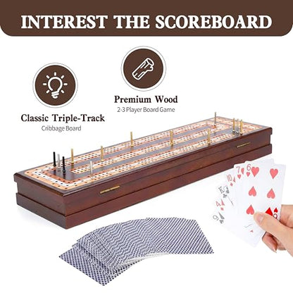 Rinten Solid Wood Cribbage Board Game Set for 2-4 Players with Cards | Classic card strategy game, integrated storage, durable metal pegs, playing cards included, wooden gift for adults - color: Brown
