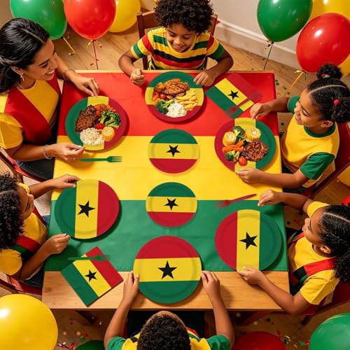 96 Pcs Ghanaian National Flags Party Decorations, Serves 24 | Flag of Ghana Plates and Napkins Red Yellow Green African Theme Set for Ghana Sports Soccer Events Independence Day Party - style: Ghana Themed Plates m
