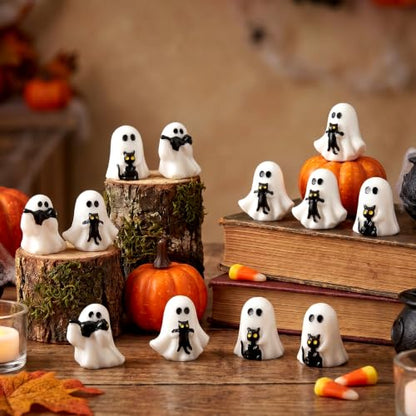 Soulchen 50pcs Halloween Mini Resin Figures Bulk Tiny Resin Ghost Figures Little Small Miniatures to Hide Ghost with Black Cat Craft for Halloween Party Gifts Bag Fillers Decor - style: Ghost