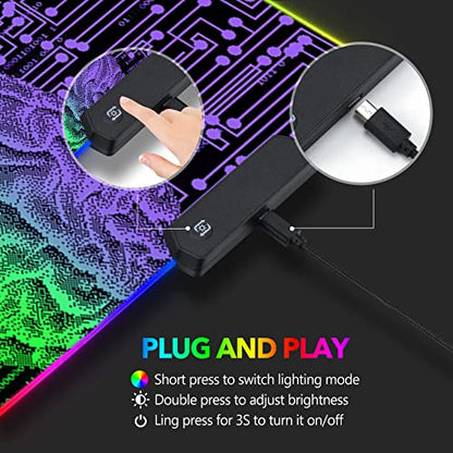 AIMSA Large Gaming Mouse Pad RGB, Keyboard Led Mousepad Extended 35.4 x 15.8 inch Non-Slip Rubber Base with 14 Lighting Modes, Big Desk Mat Waterproof, Technology Brain - color: Technology Brain