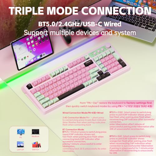 AULA Keyboard, Wireless Gaming Keyboard Creamy Bluetooth Computer Keyboards | 99 Key, Membrane Keyboard with Number Pad,RGB Backlit,Tri-Mode BT/2.4GHz/USB-C,Pink&Green&Coffee Color - color: Pink&Green&Coffee