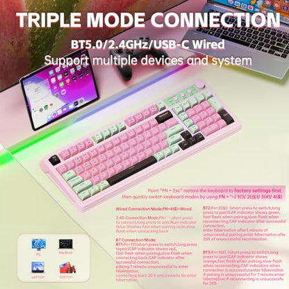 AULA Keyboard, Wireless Gaming Keyboard Creamy Bluetooth Computer Keyboards | 99 Key, Membrane Keyboard with Number Pad,RGB Backlit,Tri-Mode BT/2.4GHz/USB-C,Pink&Green&Coffee Color - color: Pink&Green&Coffee