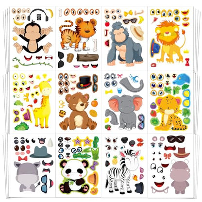 Aowplc 48 Make A Safari Animal Sticker Sheets - Jungle & Zoo Party Favors Supplies - Fun Craft Activities for Kids Ages 3+ - style: Safari Animals