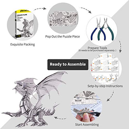 Piececool 3D Metal Puzzle Model Kits- Dragon Flame Metal Building Kit for Adults, Brain Teaser DIY 3D Dragon Puzzles Model Kits for Men, 115 Pcs - color: Silver