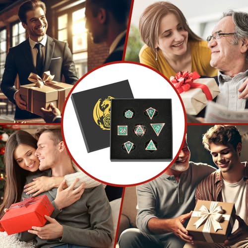 Metal Dice Set, Fly Dragon Pattern, 7pcs Polyhedral Metal DND Dice Set, DND Starter Set, D&D Gifts with Gift Box, Role Playing Board Games Accessories, Green ﻿ - color: Green