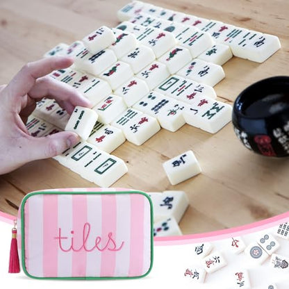 Sanwuta 1 Pcs Mahjong Tile Bag with Zipper,Pink,Striped | Embroidered Mahjong Case for 166 American Mahjong Tiles (1.2") Portable Bags for Board Game Party Gathering Travel - color: Pink, style: Classic