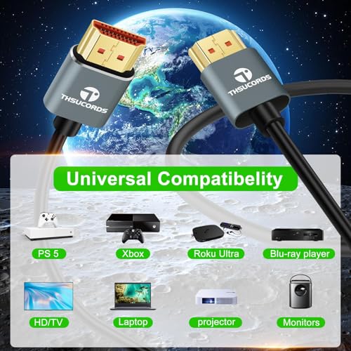 Thsucords Ultra Thin 8K 4K HDMI Cables 3.3FT 5 Pack, Slim & Flexible Soft High Speed HDMI 2.1 Lead Support 4K@120Hz 8K@60Hz 48Gbps for Roku TV/HDTV/PS5/Blu-ray - size: 3.3FT, style: 5-PACK