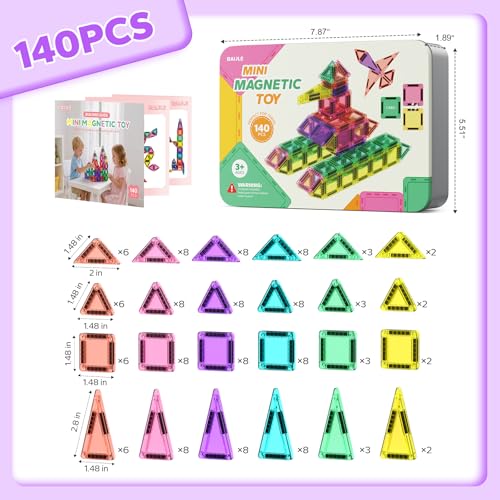 BAIJLE 140PCS Mini Magnetic Tiles, Portable Magnetic Toys Travel Set with Iron Case for Kids Ages 4-8,Creativity Boosting Building Toys Set,Toddler Puzzle Birthday Gift Toys for Boys and Girls Ages 3+ - style: 140PCS Mini Magnetic Tiles
