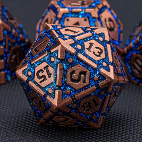 DND Metal Dice Set, Polyhedral Dice Set for RPG D&D Dice with Cracks Dungeons and Dragons Dice Set for RPG TTRPG D&D Die with Gift Case - color: Copper and Blue