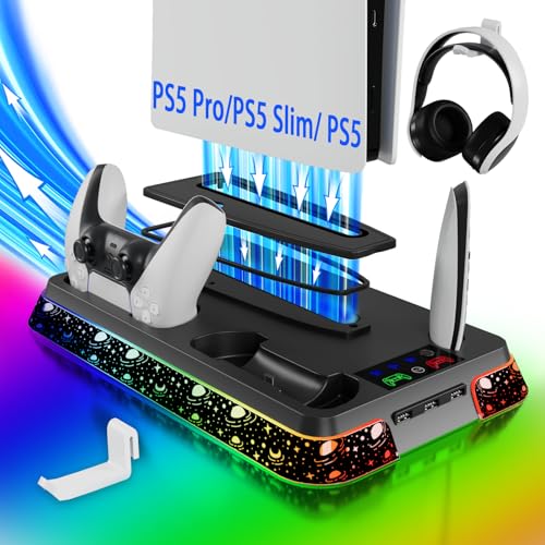 PS5 Cooling Station for PlayStation 5 Console, PS5 Stand & Charging Station with RGB, PS5/Slim/Pro Controller Charger Incl. 3 Level Fan,Headset, PS5/Slim/Pro Accessories with 3 USB Ports - color: Star-black