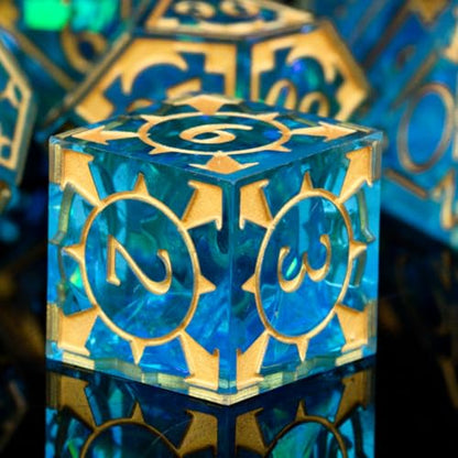DND Resin dice Color Sharp Edge dice Set Dungeon Polyhedron D and D dice Set Suitable for D&D Role-Playing Tabletop Games D20 D12 D10 D8 D6 D4 (Golden Blue) - color: Golden Blue