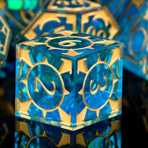 DND Resin dice Color Sharp Edge dice Set Dungeon Polyhedron D and D dice Set Suitable for D&D Role-Playing Tabletop Games D20 D12 D10 D8 D6 D4 (Golden Blue) - color: Golden Blue