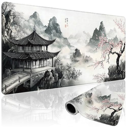 Japanese B&W Cherry Blossoms Gaming Mouse Pad Desk Mat 31.5"x15.7 | Extended Mousepad, Non-Slip Rubber Base , Stitched Edges, for Computer/Laptop/Office/Home - color: Black and White