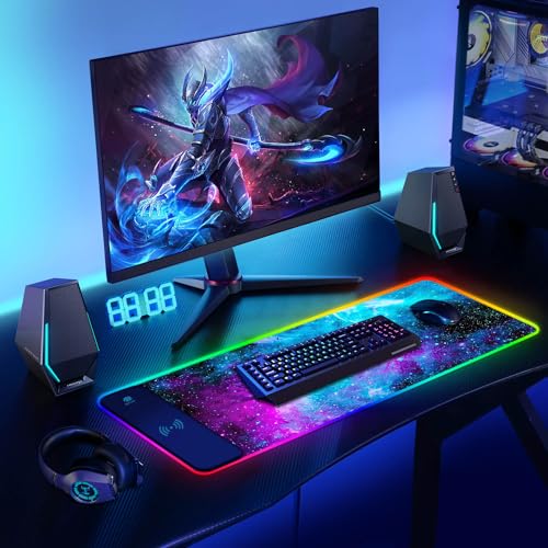 ToLuLu RGB Gaming Wireless Charging Mouse Pad, 5/7.5/10/15W 10 Light Modes | LED Mouse Pad Computer Keyboard Mat Mousepad, 800x300x4MM Extended Large Desk Mat for Gaming, MacBook, Laptop, PC, Galaxy - color: Galaxy Nebula