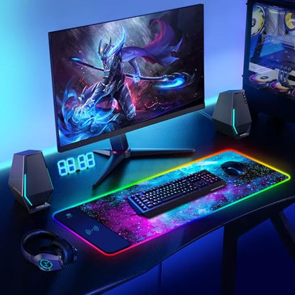 ToLuLu RGB Gaming Wireless Charging Mouse Pad, 5/7.5/10/15W 10 Light Modes | LED Mouse Pad Computer Keyboard Mat Mousepad, 800x300x4MM Extended Large Desk Mat for Gaming, MacBook, Laptop, PC, Galaxy - color: Galaxy Nebula