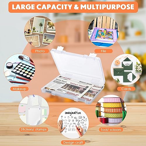 Wesiti 4 Pcs Scrapbook Paper Storage Box Clear Plastic Storage Boxes with Snap 14.17 x 10.63 x 1.77 Inches Art Project Case Craft Organizer File Document Holder Photo Magazine Letter Containers