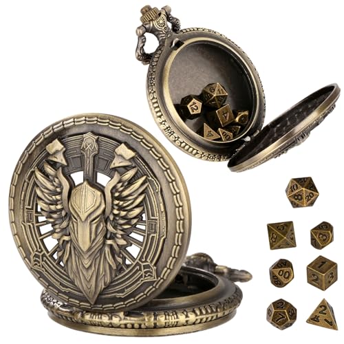 Mini DND Dice Set Steampunk Hollow Paladin Knight Warrior Pocket Watch Shell Case, 7pcs Polyhedral Metal D&D Dice Set with Gift Box, Role Playing Board Games Accessories - color: Paladin