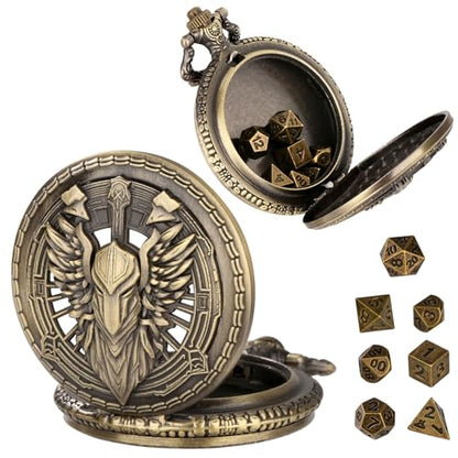Mini DND Dice Set Steampunk Hollow Paladin Knight Warrior Pocket Watch Shell Case, 7pcs Polyhedral Metal D&D Dice Set with Gift Box, Role Playing Board Games Accessories - color: Paladin