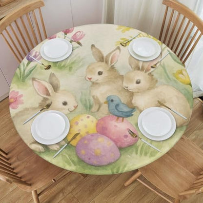 Famame Easter Rabbits Egg Flowers Round Fitted Tablecloth with Elastic Protector Table Kitchen Dinner Waterproof Oil-Proof Table Covers Fits 40"-44", Small - color: Easter Rabbits Egg Flowers, size: Small (40"-44")