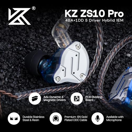 Linsoul KZ ZS10 Pro, 4BA+1DD 5 Driver in Ear Monitor, HiFi Wired Earbuds, Gaming Earbuds, Hybrid IEM Earphones with Stainless Steel Faceplate, Detachable Cable for Musician (Without Mic, Blue) - color: Blue, style: Without Mic