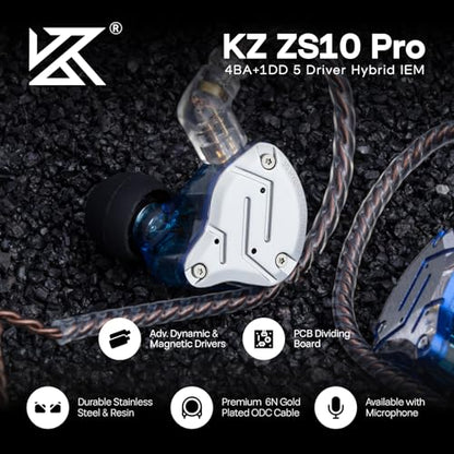 Linsoul KZ ZS10 Pro, 4BA+1DD 5 Driver in Ear Monitor, HiFi Wired Earbuds, Gaming Earbuds, Hybrid IEM Earphones with Stainless Steel Faceplate, Detachable Cable for Musician (Without Mic, Blue) - color: Blue, style: Without Mic