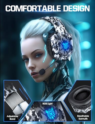 Nanddi Gaming Headset with Microphone, Gaming Headphones for PS4 PS5 Xbox One PC with LED Lights, PlayStation Headset with Noise Reduction 7.1 Surround Sound Over-Ear and Wired 3.5mm Jack (White) - color: Camo White