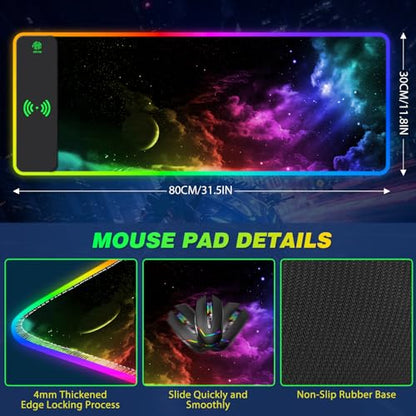 AIMSA Wireless Charging RGB Gaming Mouse Pad 15W, Extended LED Desk Mat Protector 800x300x4MM, 14 Light Modes Extra Large Mousepad Non-Slip Rubber Base Desk Mat, Nebula Universe - color: Nebula Universe