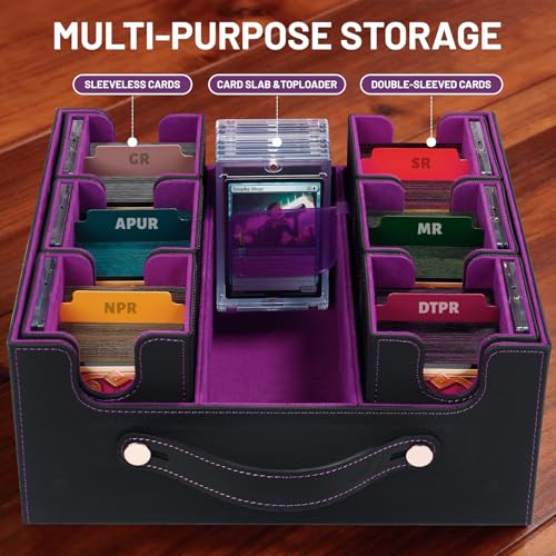 Commander Deck Box with Handle, Trading Card Storage Box for MTG&TCG.7 in 1 MTG Deck Box with 6 Toploaders, 6 Stoppers, 10 Colorful Dividers. (Black& Purple, 7 IN 1) - color: Black& Purple