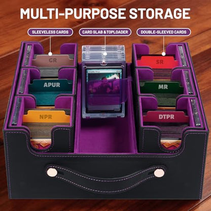 Commander Deck Box with Handle, Trading Card Storage Box for MTG&TCG.7 in 1 MTG Deck Box with 6 Toploaders, 6 Stoppers, 10 Colorful Dividers. (Black& Purple, 7 IN 1) - color: Black& Purple