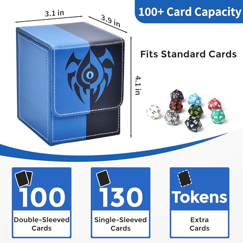 Card Deck Box with 2 Dividers, MTG Commander Deck Box Holds 100+ Double-Sleeved Cards, Leather Magnetic Deck Case Compatible with Magic TCG CCG Cards, Blue/Black - color: 1. Blue & Black, size: 100 Double-sleeved Cards Vertical