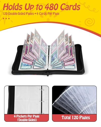 Best baseball card binder 4-Pocket holds 480 cards, 120 pages side-loading, PU leather zip waterproof cover, acid-free pages, for home storage & card shows, baseball cars binder, gift kids boys girls! - color: 4-White